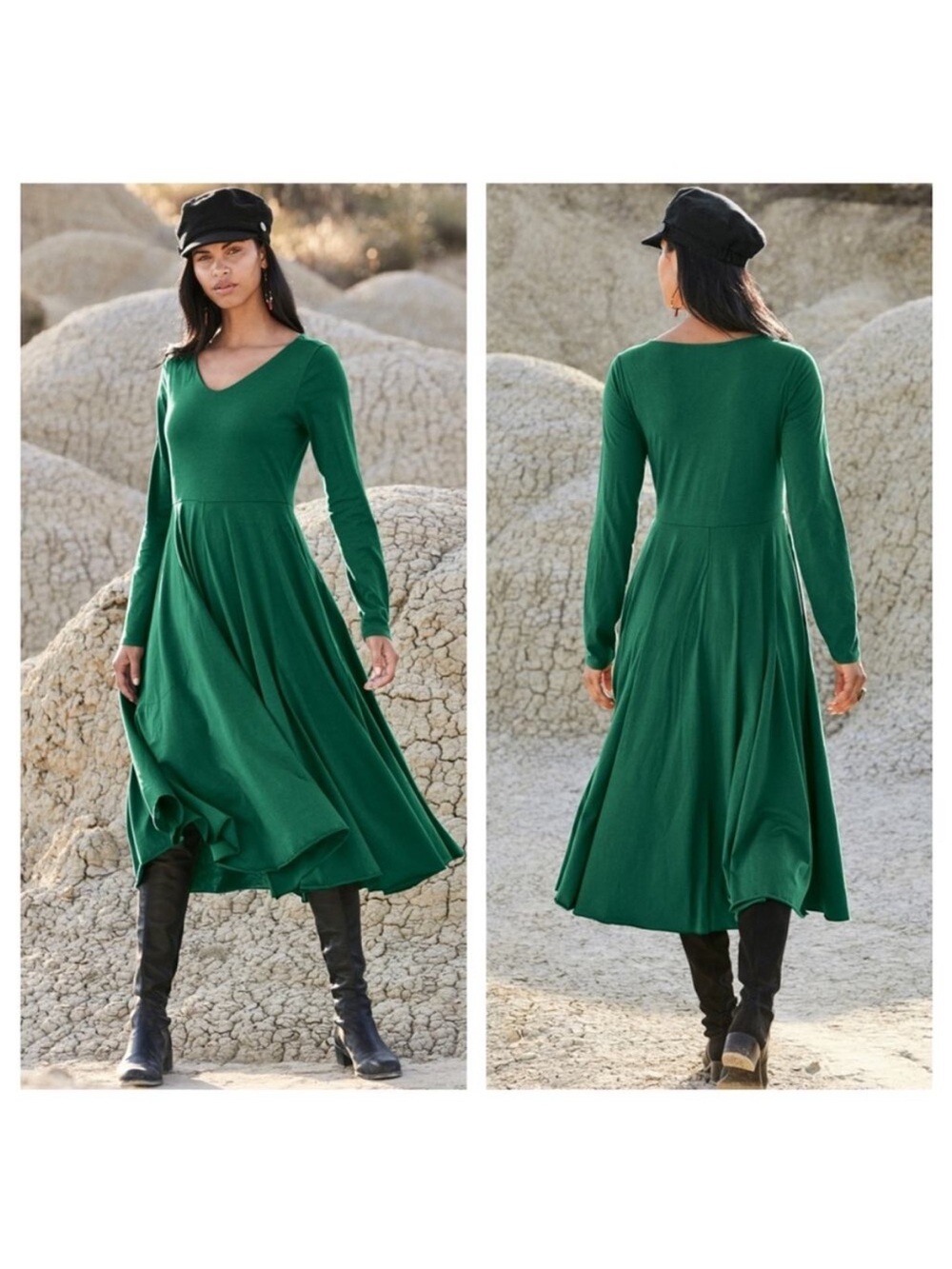 NWT Peruvian Connection Riley Pima Cotton V-Neck Long Sleeve Dress in Evergreen